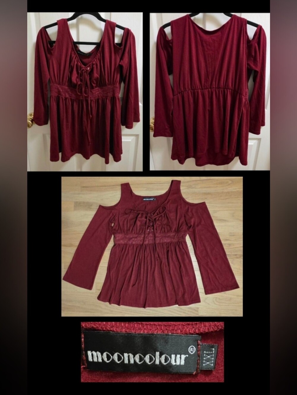 Mooncolour Women's Cold-Shoulder Lace-Up Top in Wine